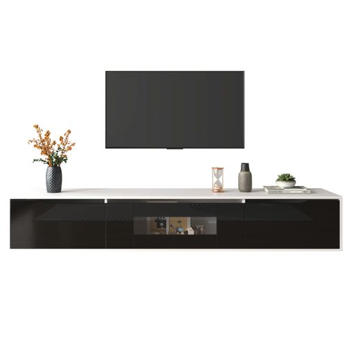Meuble TV Moderne Brillant Avec Ãclairage LED, 180x35x30cm, Noir