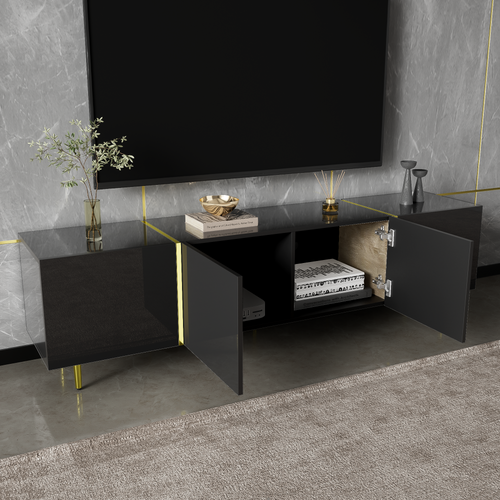 Meuble TV Moderne, Brillant Et Ãlégant, Design 4 Portes, 170x35x46cm, Noir-or