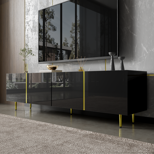 Meuble TV Moderne, Brillant Et Ãlégant, Design 4 Portes, 170x35x46cm, Noir-or