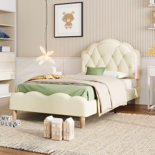 Lit D'enfant 90x200 Avec Bandeau LED Et Lattes En Bois, Blanc