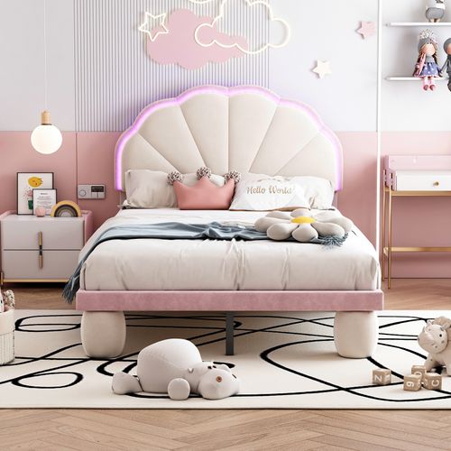 Lit D'enfant 90x200 Avec Bande LED Et Tête De Lit, Beige+rose