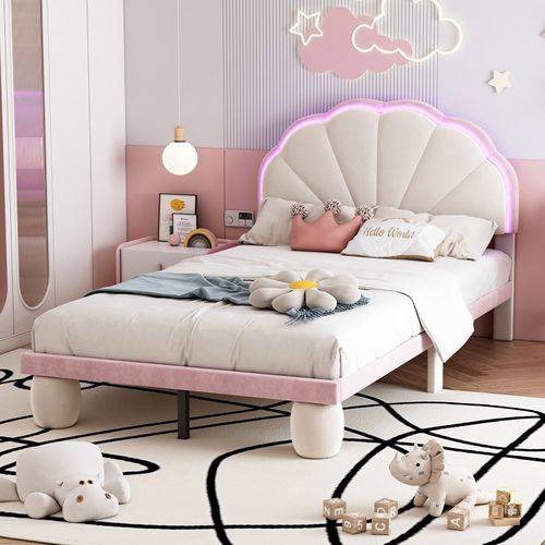 Lit D'enfant 90x200 Avec Bande LED Et Tête De Lit, Beige+rose