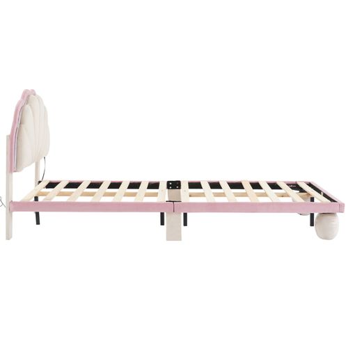 Lit D'enfant 90x200 Avec Bande LED Et Tête De Lit, Beige+rose