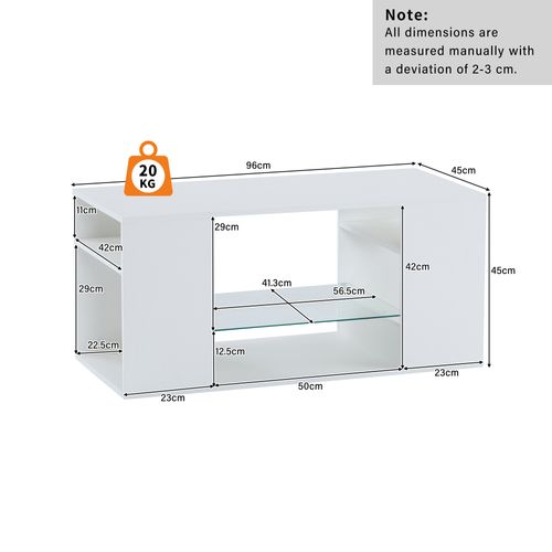 Table Basse Brillante 96x45x45, Avec Verre Et Éclairage LED, Blanc