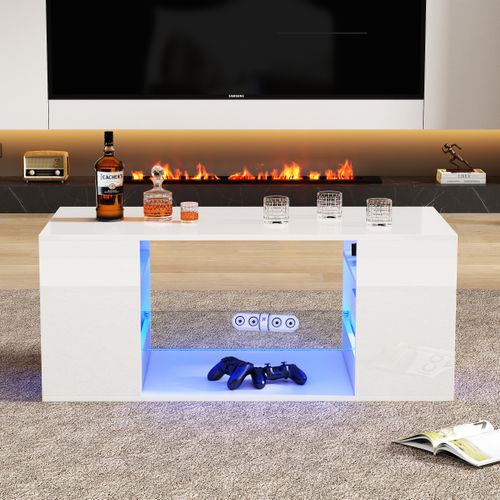 Table Basse Brillante 96x45x45, Avec Verre Et Éclairage LED, Blanc