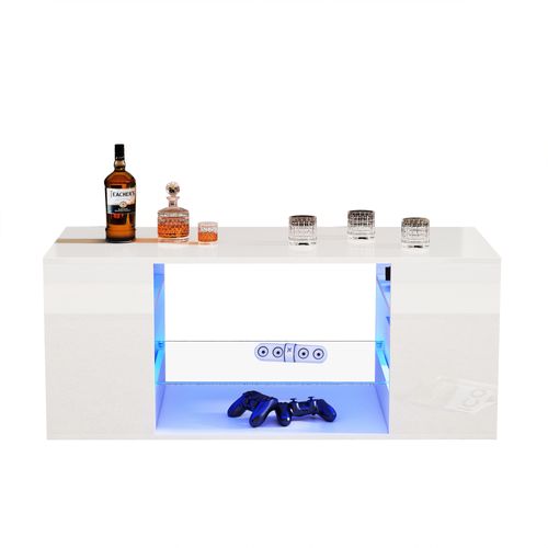 Table Basse Brillante 96x45x45, Avec Verre Et Éclairage LED, Blanc