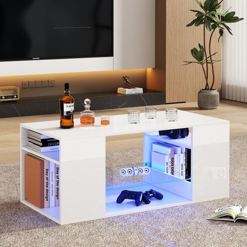 Table Basse Brillante 96x45x45, Avec Verre Et Éclairage LED, Blanc