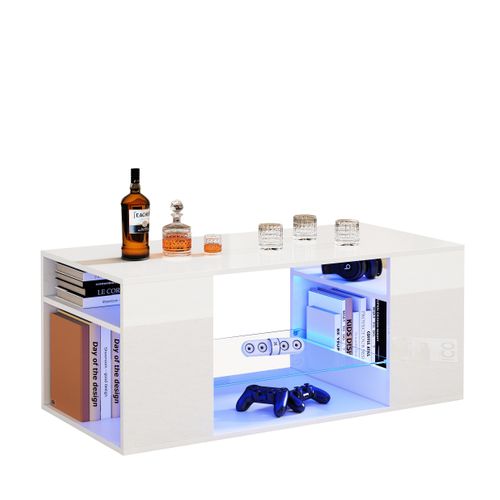 Table Basse Brillante 96x45x45, Avec Verre Et Éclairage LED, Blanc