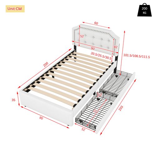 Lit Enfant Avec Deux Tiroirs 90x200 Et Tête De Lit Réglable, Beige