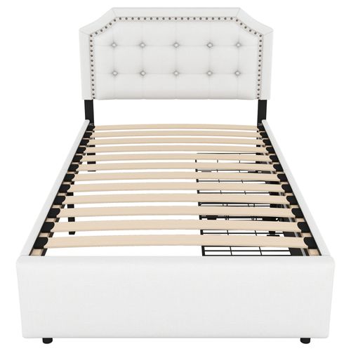 Lit Enfant Avec Deux Tiroirs 90x200 Et Tête De Lit Réglable, Beige