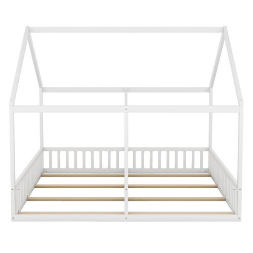 Lit Cabane Double Pour Enfants En Pin 90x200, Avec Cloture, Blanc