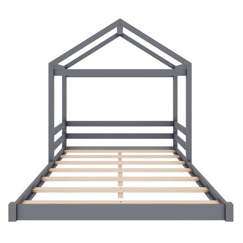 Lit Cabane Enfant En Bois De Pin 140x200, Avec Sommier à Lattes, Gris