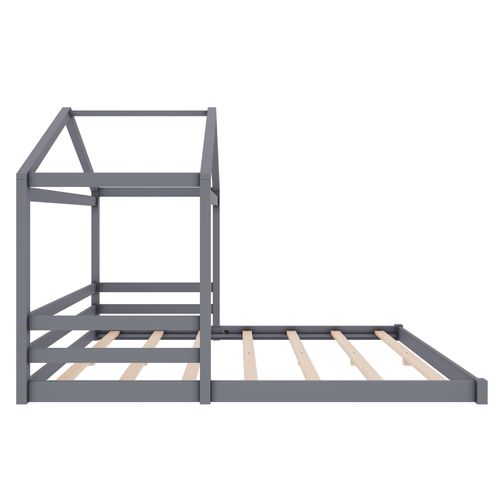 Lit Cabane Enfant En Bois De Pin 140x200, Avec Sommier à Lattes, Gris