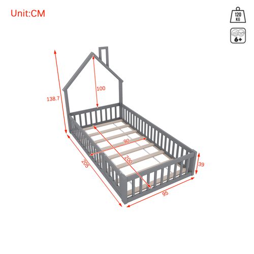 Lit Cabane Enfant En Bois De Pin 90x200, Avec Sommier à Lattes, Gris