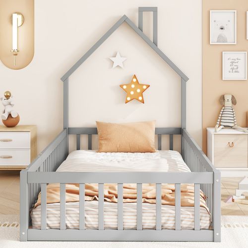 Lit Cabane Enfant En Bois De Pin 90x200, Avec Sommier à Lattes, Gris