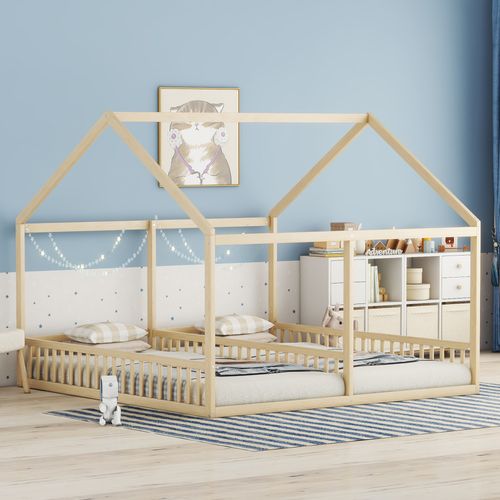 Lit Cabane Double Pour Enfants En Bois De Pin 90x200, Bois