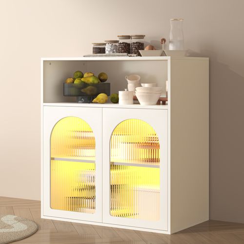 Buffet Multifonctionnel 70x35x90, Avec Portes En Verre Et Éclairage LED, Blanc