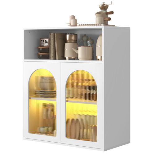 Buffet Multifonctionnel 70x35x90, Avec Portes En Verre Et Éclairage LED, Blanc