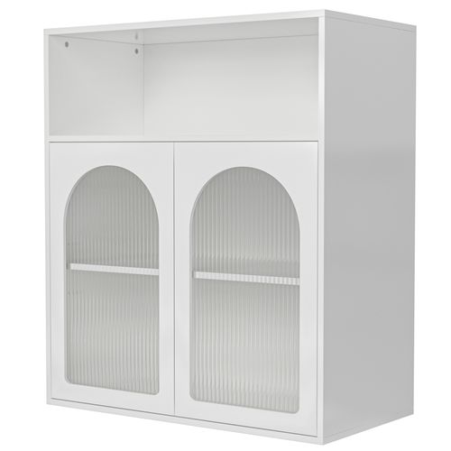 Buffet Multifonctionnel 70x35x90, Avec Portes En Verre Et Éclairage LED, Blanc