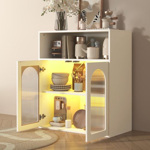 Buffet Multifonctionnel 70x35x90, Avec Portes En Verre Et Éclairage LED, Blanc