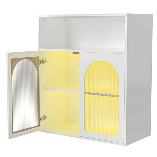 Buffet Multifonctionnel 70x35x90, Avec Portes En Verre Et Éclairage LED, Blanc