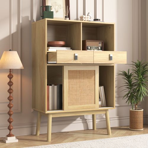 Buffet Moderne 80x39.5x120 Avec Tiroirs Et Compartiments Ouverts, Bois