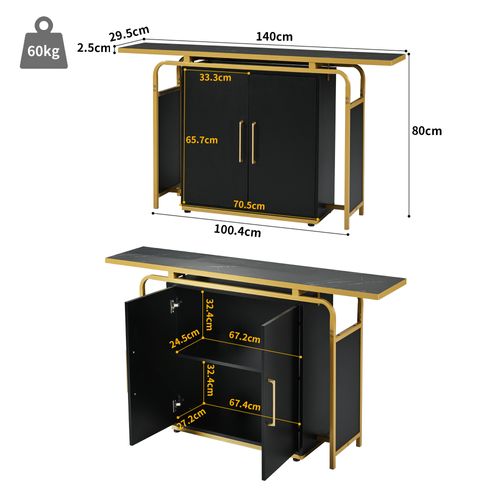 Buffet Moderne à Deux Portes 140x29.5x80, Décoré De Poignées Dorées, Noir