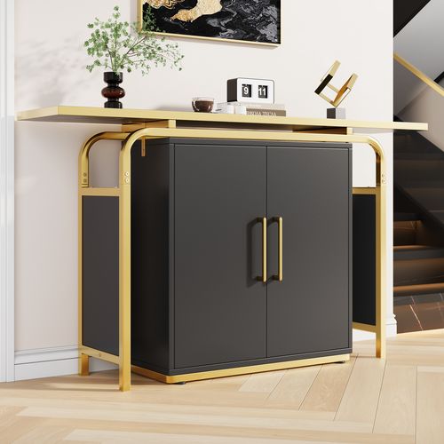 Buffet Moderne à Deux Portes 140x29.5x80, Décoré De Poignées Dorées, Noir