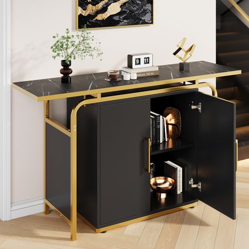 Buffet Moderne à Deux Portes 140x29.5x80, Décoré De Poignées Dorées, Noir