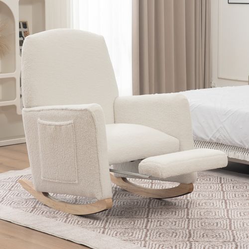 Fauteuil à Bascule En Laine Fourrure Avec Tabouret Et Dossier Haut, Blanc