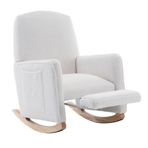 Fauteuil à Bascule En Laine Fourrure Avec Tabouret Et Dossier Haut, Blanc