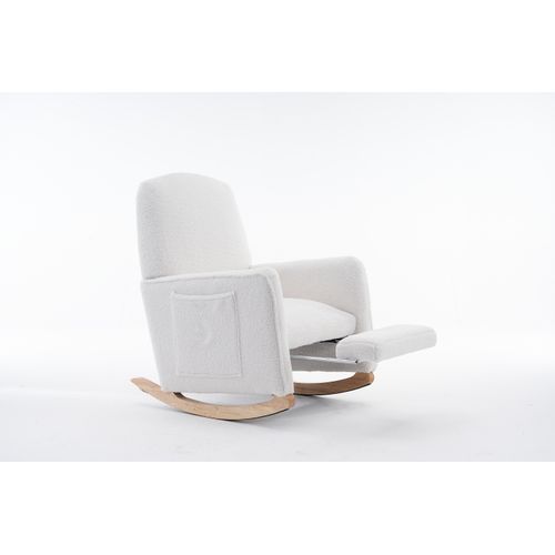 Fauteuil à Bascule En Laine Fourrure Avec Tabouret Et Dossier Haut, Blanc