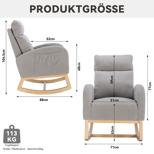 Fauteuil à Bascule Moderne Avec Revêtement En Tissu Teddy, Gris