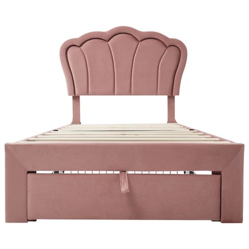 Lit Enfant En Velours 90x200, Avec Tiroirs Et Tête De Lit Réglable, Rose