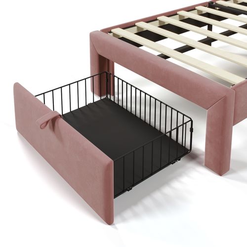 Lit Enfant En Velours 90x200, Avec Tiroirs Et Tête De Lit Réglable, Rose