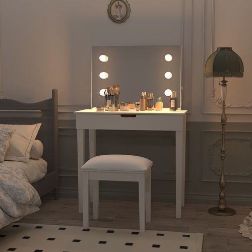 Coiffeuse De Maquillage Avec Miroir, Avec 6 Ampoules, Blanc