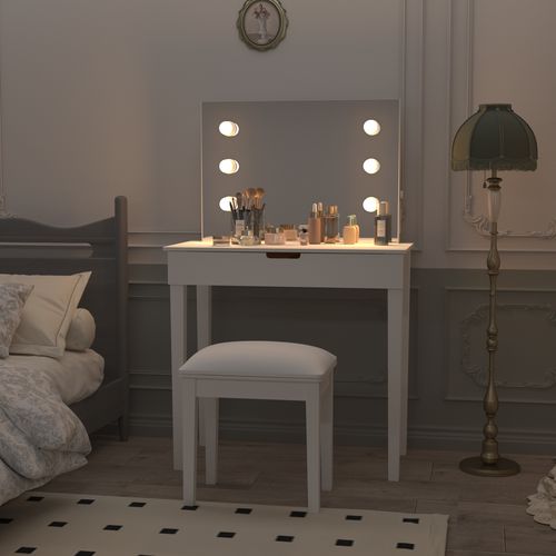 Coiffeuse De Maquillage Avec Miroir, Avec 6 Ampoules, Blanc