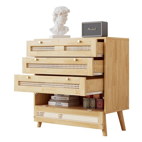 Commode Rotin Avec Poignées En Métal Et Pieds En Bois, Bois