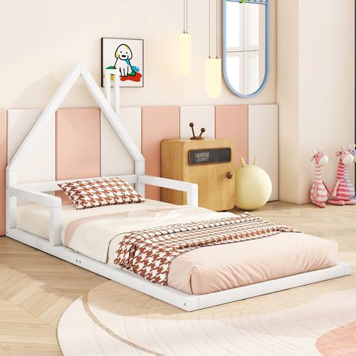 Lit D'enfant En Pin Massif 90x200, Forme Maison, Blanc