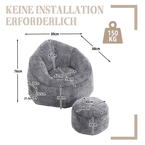 Fauteuil Pouf En Mousse Haute Pression Rembourrée Avec Repose-pied, Gris