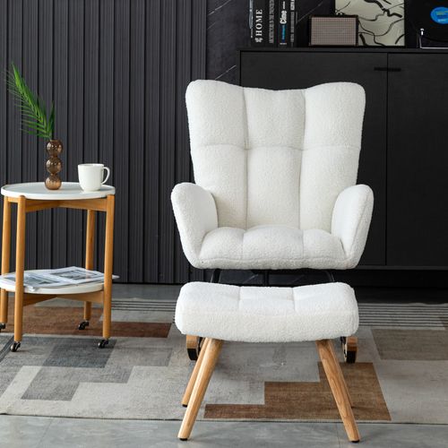 Chaise Basculante Avec Tabouret En Bois De Caoutchouc Robuste, Tissu Teddy Peluche, Blanc