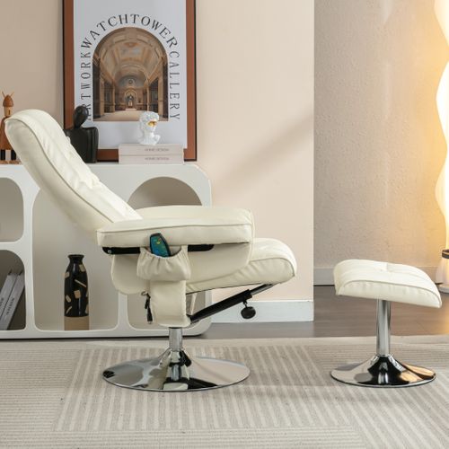 Fauteuil De Massage Avec Rembourrage En Pu Et Tabouret En Bois Plié Pour Le Salon, Beige
