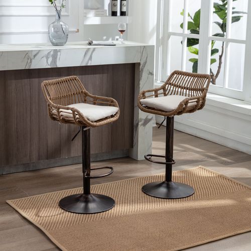 Lot De 2 Tabourets De Bar Moderne En Rotin Réglables Avec Repose-pieds Et Coussin En Lin Beige