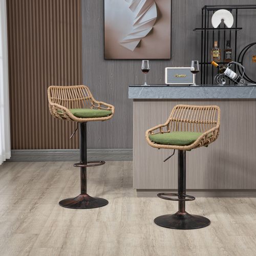 Lot De 2 Tabourets De Bar Moderne En Rotin Réglables Avec Repose-pieds Et Coussin En Lin Vert