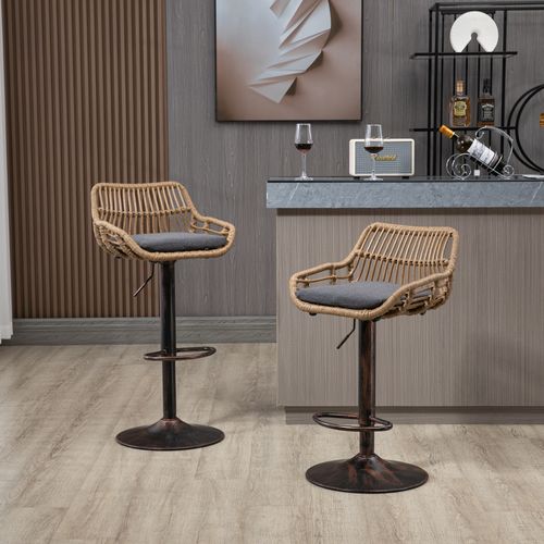 Lot De 2 Tabourets De Bar Moderne En Rotin Réglables Avec Repose-pieds Et Coussin En Lin Gris