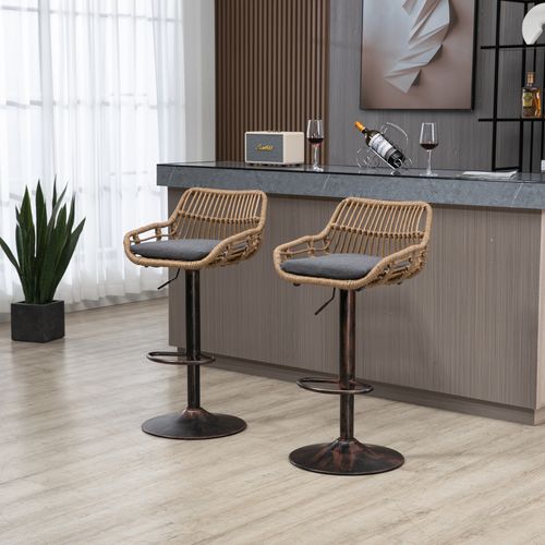 Lot De 2 Tabourets De Bar Moderne En Rotin Réglables Avec Repose-pieds Et Coussin En Lin Gris