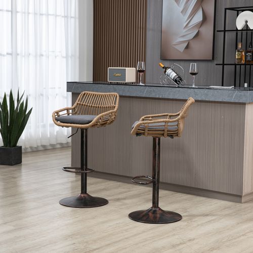 Lot De 2 Tabourets De Bar Moderne En Rotin Réglables Avec Repose-pieds Et Coussin En Lin Gris