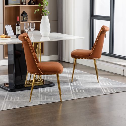 Lot De 2 Chaises En Velours Très Doux Avec Un Dos Rembourré Et Incurvé, Pieds En Métal, Marron
