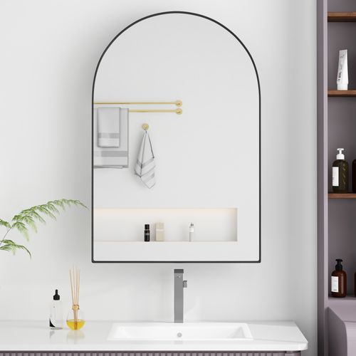Miroir Mural Arche Élégant Avec Armoire Encastrée En Métal Pour Salle De Bains, Noir