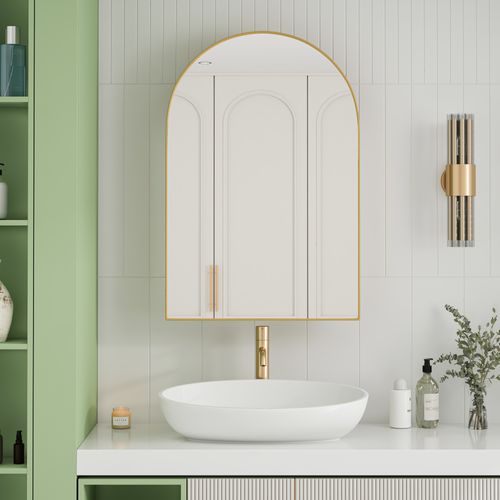 Miroir Mural Arche Élégant Avec Armoire Encastrée En Métal Pour Salle De Bains, Or